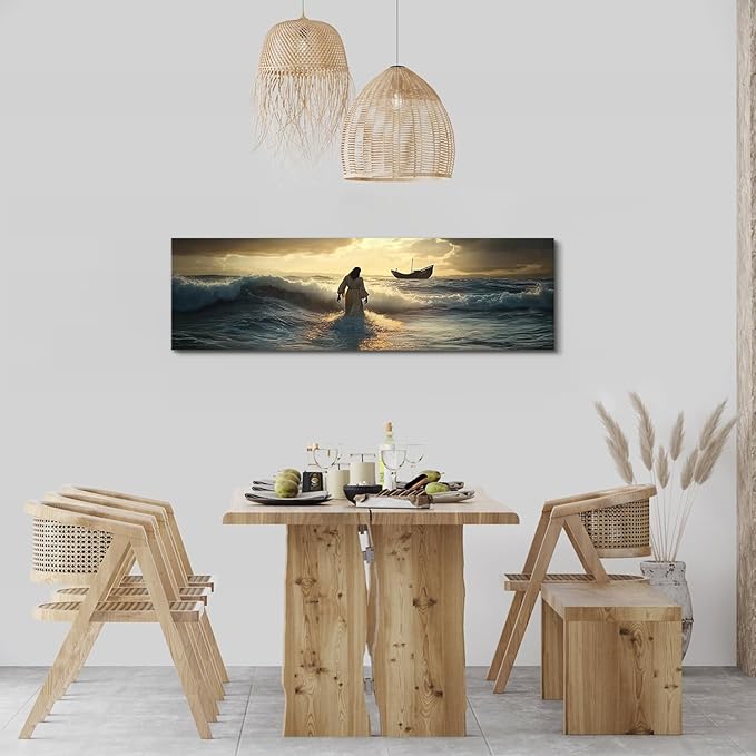 Jesus Walking on Water Wall Art Christian Picture Wall Decor for Living Room Bedroom Vintage Christ Religion Poster Canvas Prints Abstract Sunset Ocean Panoramic Painting Artwork Home Decorations 14x48”
