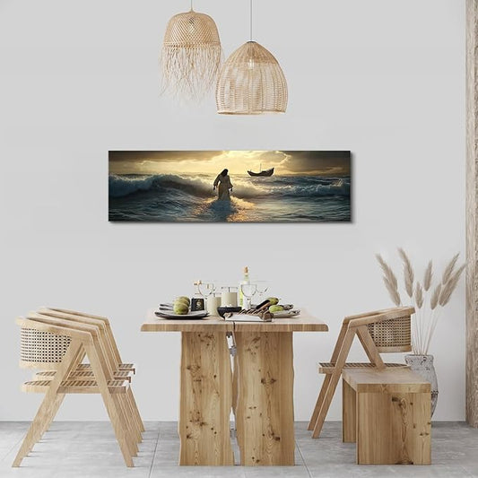 Jesus Walking on Water Wall Art Christian Picture Wall Decor for Living Room Bedroom Vintage Christ Religion Poster Canvas Prints Abstract Sunset Ocean Panoramic Painting Artwork Home Decorations 14x48”