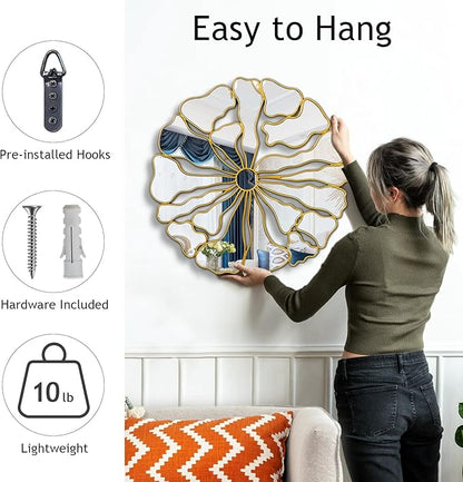 Gold Wall Mirrors Decorative, 32” Large Round Mirrors for Wall Decor, Flower Shaped Decorative Wall Mirror for Living Room, Bedroom, Dining Room