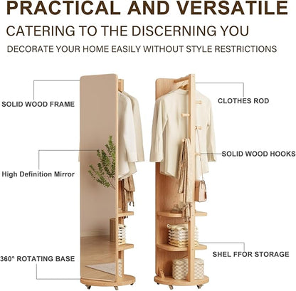 WoodsWhisper Full Length Mirror Coat Rack Solid Wood Floor Mirror 66"x12" Full Length Mirror with Stand Long Mirrors for Bedroom,Living Room (Natural-Mobile, 66" Lx12 W)