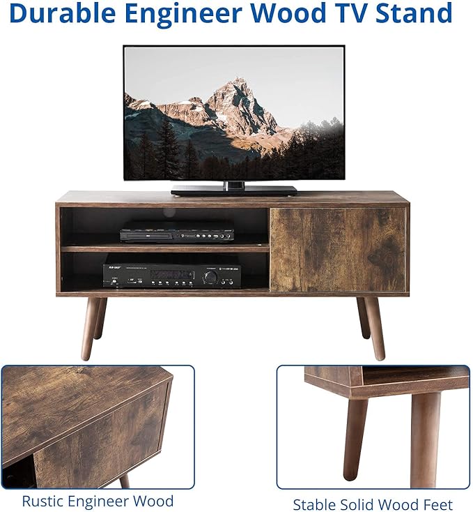 Cozy Castle TV Stand for 48-55 Inch TV, Mid Century Modern Entertainment Center with Storage Cabinet, TV Media Console with Charging Station for Living Room (Brown, 43.3" W x 15.7" D x 19.5" H)