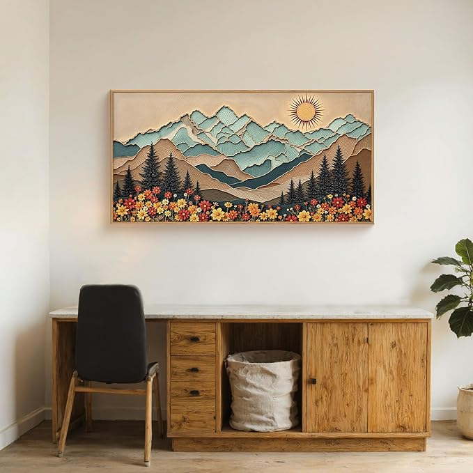 Large Boho Wood Grain Mountain Framed Canvas Wall Art Set,Vintage Sunrise Forest Floral Wall Decor,Rustic Natural Wilderness Art Printing for Living Room,Bedroom,Office-20 * 40"