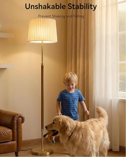 JOOFO Mid-Century Modern Wood Floor Lamp with Dual Fabric Shade, Remote Control, Dimmable & Adjustable Color Temperature, Reading & Living Room Lamp, Easy Clean Cover, Foot Switch,Walnut Wood
