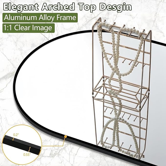 Prywot Full Length Mirror, Oversized 78"x38" Arched-Top Floor Mirrors, Modern Full Body Mirrors with Stand, Wall Mirror with Aluminum Alloy Frame for Bedroom,Living Room, Black