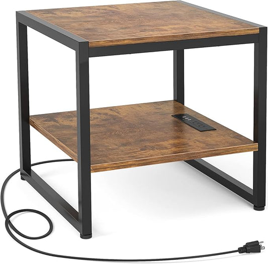 Homieasy End Table with Charging Station, 20" Mini Fridge Stand with Power Outlets, Heavy Duty Side Table for Living Room, Small Table Stand & Fridge Table, Rustic Brown