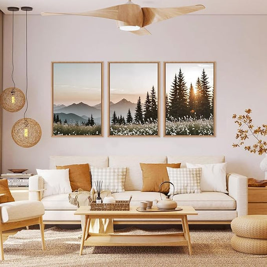 Large Mountain Sunlight Calming Framed Canvas Wall Art Set,Boho Nature Pine Tree Landscape Wall Decor,Modern Sunrise Forest Art Printing for Living Room,Bedroom-24 x36 x3