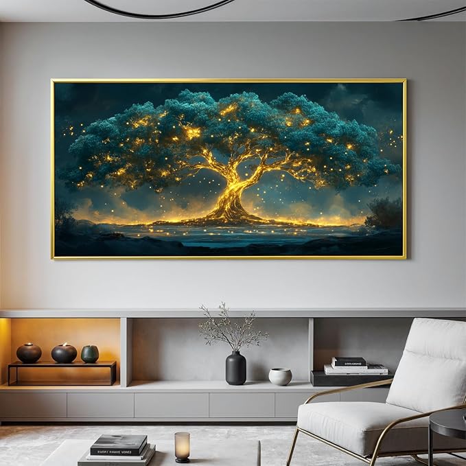Canvas Wall Art Decor Artwork for Walls Oversized Green Gold Wall Art Prints Gold Framed Large Tree of Life Wall Art for Living Room Canvas Art Wall Decor Home Office Aesthetic Wall Decorations 29" x 58"