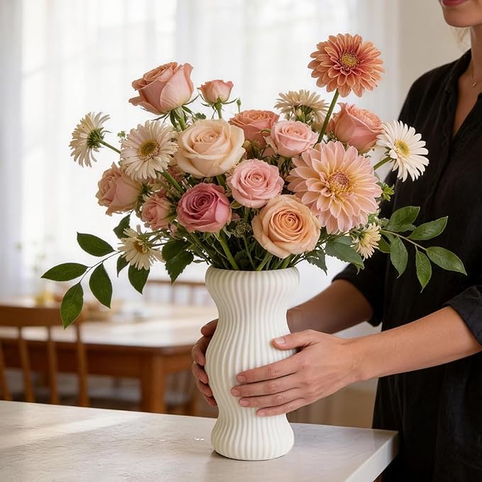 Ceramic Vase, White Modern Vase for Home Decor, White Round Vases, Boho Dried Flower Vase for Centerpieces, 9 Inch Decorative Vases for Wedding, Table, Party, Living Room, Office, Bedroom