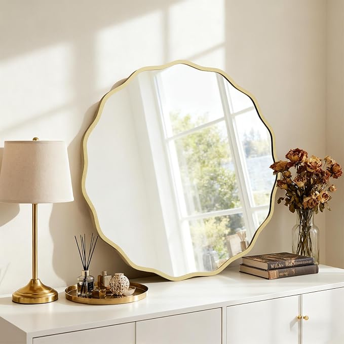 HOMECOOKIN 28" Wavy Round Wall Mirror, Gold Scalloped Circle Mirror Edge Round with Metal Frame, Modern Decorative Hanging/Leaning Mirrors for Bathroom, Hotels, Hallway, Entryway, Vanity, Office