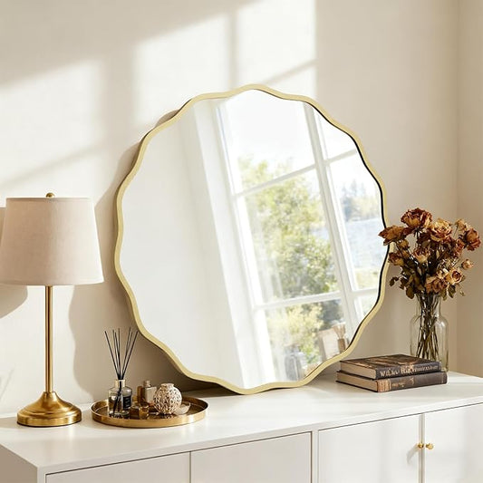 HOMECOOKIN 28" Wavy Round Wall Mirror, Gold Scalloped Circle Mirror Edge Round with Metal Frame, Modern Decorative Hanging/Leaning Mirrors for Bathroom, Hotels, Hallway, Entryway, Vanity, Office