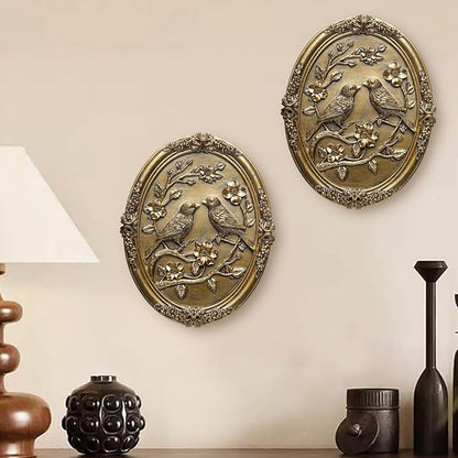Vintage Bird Wall Art 2 Pack Antique Wall Decor Retro Wall Art Bird Wall Sculpture Hand Painted Wall Decoration with Embossed Birds Design Vintage Decor for Living Room Bedroom Gallery Unique Gifts (Gold Birds)