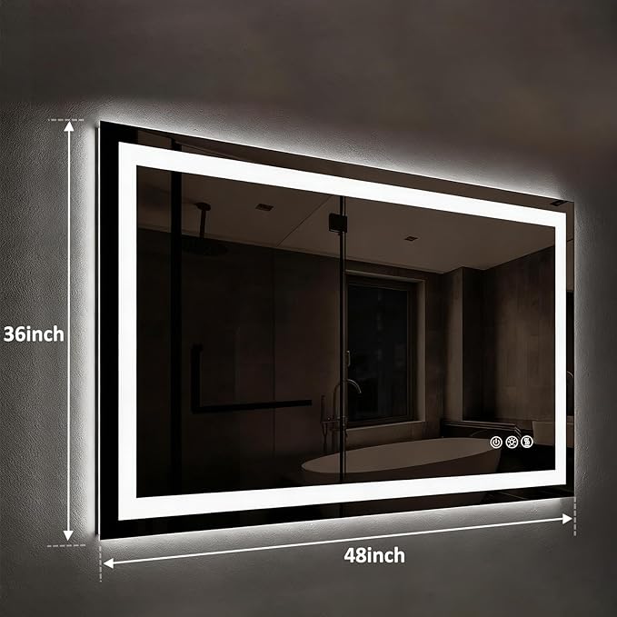 ROOMTEC 48 x 36 Inches LED Bathroom Mirror with Lights, Vanity Mirror with Front and Backlight, Smart Dimmable Anti-Fog LED Mirror for Bathroom, Memory Function, Tempered Glass (Horizontal/Vertical)