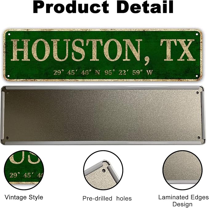 LINStore Houston, TX City Sign Vintage Metal Wall Art Office/Home/Classroom Decor 4” x 16”