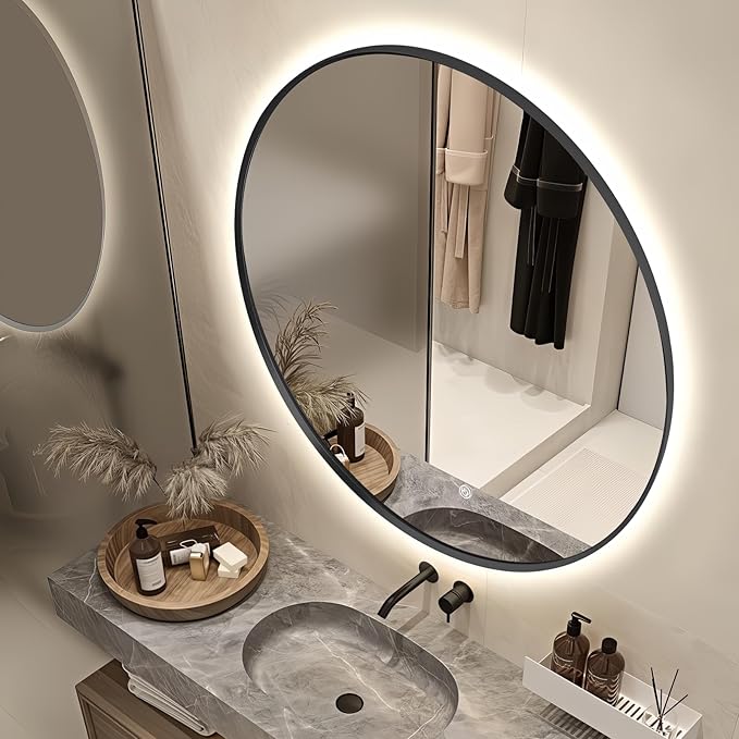 36" Round LED Bathroom Mirror, Wall Mounted Backlit Vanity Mirror with 45° Beveled Frame Lighted Mirror for Bedroom, Fog Free 3-Color Dimmable Lights Memory Function, Black