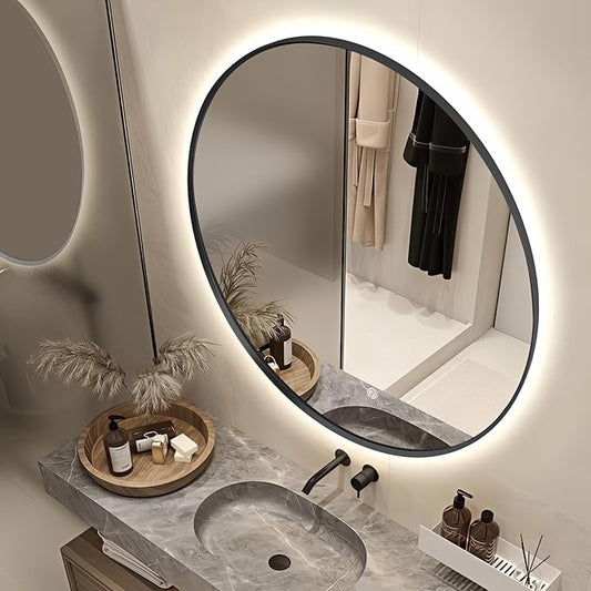 36" Round LED Bathroom Mirror, Wall Mounted Backlit Vanity Mirror with 45° Beveled Frame Lighted Mirror for Bedroom, Fog Free 3-Color Dimmable Lights Memory Function, Black