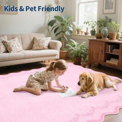 GarveeHome 3x5 Scalloped Washable Area Rug for Bedroom,Soft Solid Pink Entryway Rug Non Slip Low Pile Carpet Stain Resistant Throw Rug for Bedside Kids Room Office Dining Room