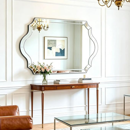 Chende 32"x47" Scalloped Large Wall Mirror for Decor Living Room, Arched Decorative Mirror with Clear Glass Frame and Beveled Edge, Modern Vertical/Horizontal Hanging, Gifts for Girls