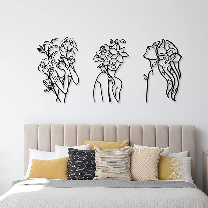 Photect 3 Pcs Metal Wall Art Decor Minimalist Abstract Woman Wall Art Metal Modern Line Drawing Decor Female Single Line Home Hanging for Bedroom Bathroom Living Room Housewarming(Elegant,Black)
