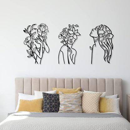 Photect 3 Pcs Metal Wall Art Decor Minimalist Abstract Woman Wall Art Metal Modern Line Drawing Decor Female Single Line Home Hanging for Bedroom Bathroom Living Room Housewarming(Elegant,Black)