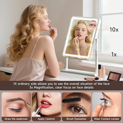 Makeup Mirror with Lights, Height-Adjustable & 360° Rotation, 1/10X Magnification, Three Color Lighting Modes, Vanity Mirror Smart Touch Control, Large Vanity Desk Mirror (17.5in,White)