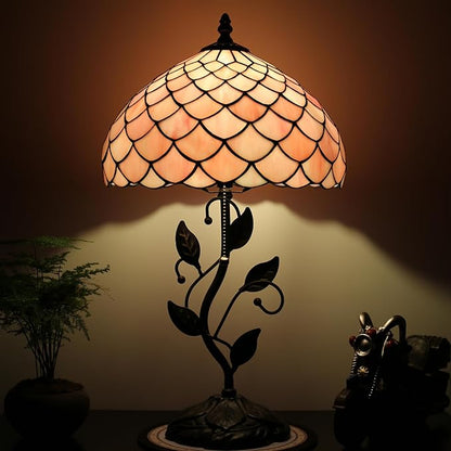 Tiffany Lamp Stained Glass Style Table Lamp Pink Fishscale Style Bedside Desk Reading Light W12H19 Inch Metal Leaf Base with Metal Leaf Base