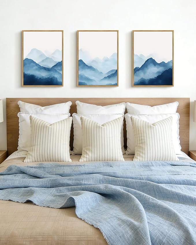 Drsoum Blue Fog Mountains Landscape Wall Art Framed Vintage Nature Misty Nordic Prints Ink Wash Watercolor Boho Farmhouse Rustic Artwork Hallway Bedroom Ready to Hang 11x14in Natural Framed