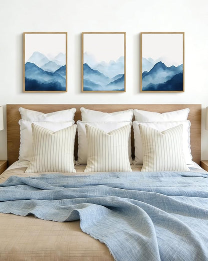 Drsoum Blue Fog Mountains Landscape Wall Art Framed Vintage Nature Misty Nordic Prints Ink Wash Watercolor Boho Farmhouse Rustic Artwork Hallway Bedroom Ready to Hang 11x14in Natural Framed