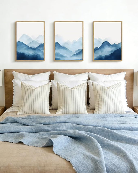 Drsoum Blue Fog Mountains Landscape Wall Art Framed Vintage Nature Misty Nordic Prints Ink Wash Watercolor Boho Farmhouse Rustic Artwork Hallway Bedroom Ready to Hang 11x14in Natural Framed