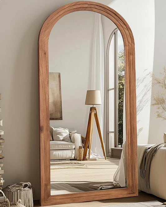 Full Length Mirror, 76"x34" Wooden Mirror Full Length with Stand Wood Floor Mirror, Oversized Stand Up Mirrors Large Wall Mirrors, Wall Mounted Mirrors, Arched Wood Style, Brown