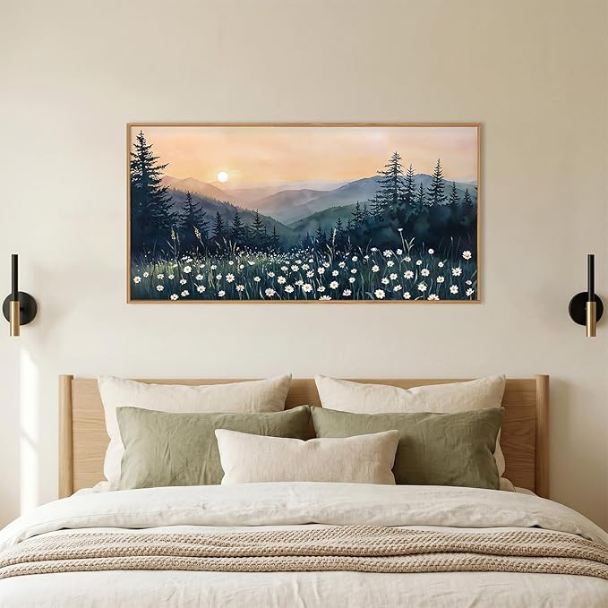 KAIRNE Mountain Floral Landscape Framed Canvas Wall Art Set,Watercolor Forest Wall Decor,Misty Pine Tree Art Prints,Nature Sunset Scenery Artwork for Living Room,Bedroom,Farmhouse,Office-40 x20 x1