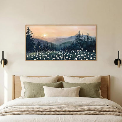KAIRNE Mountain Floral Landscape Framed Canvas Wall Art Set,Watercolor Forest Wall Decor,Misty Pine Tree Art Prints,Nature Sunset Scenery Artwork for Living Room,Bedroom,Farmhouse,Office-40 x20 x1