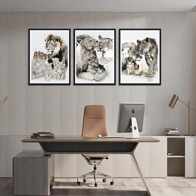 3 Pieces Wildlife Animals Framed Canvas Wall Art Vintage Lion Family Picture Wall Decor for Country House Modern Lions Animal Print Artwork for Living Room Decoration Easy to Hand 16x24inchx3pcs