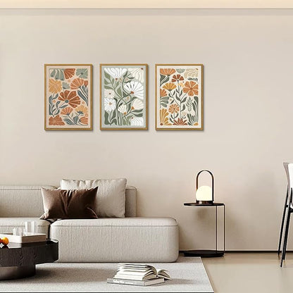 KISSFOX Framed Canvas Wall Art Abstract Floral Botanical Print Set of 3 Green Beige Wildflower Flower Market Paintings Boho Modern Minimalist Pictures Decor Bedroom Bathroom Living Room