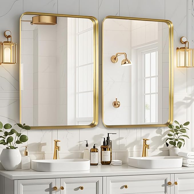 Fabuday Gold Bathroom Mirror - 32x24 Inch Over Sink Matte Metal Framed Mirrors Wall Mounted for Bathroom, Black Rectangle Vanity Mirror for Bedroom, Living Room, Entryway