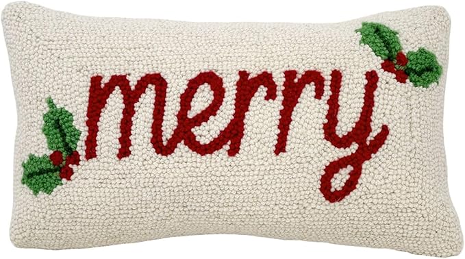 Hand Hooked Christmas Pillow - 9X16 inches Throw Pillow for Couch or Dorm (Merry)