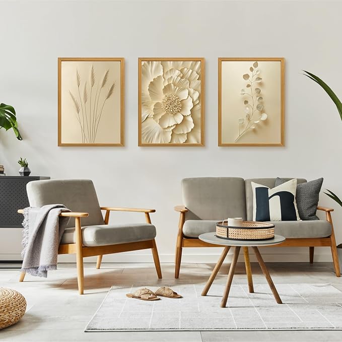 GELDSTEI Neutral Beige Floral Canvas Wall Art, Modern Minimalist Botanical Wall Decor, Vintage Beige Elegant Flower Poster Prints for Living Room Bedroom Wood Framed Set of 3, Each 12x16 Inch