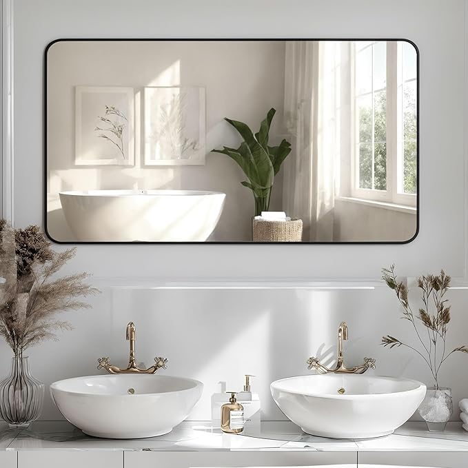 Antok 55x30 Black Metal Framed Bathroom Mirror,Wall Mirror with Round Corners, Vanity Mirror for Over Sink, Anti-Rust Tempered Glass, Horizontal/Vertical Hanging for Bathroom, Living Room, Entryway