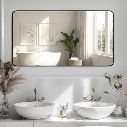 Antok 55x30 Black Metal Framed Bathroom Mirror,Wall Mirror with Round Corners, Vanity Mirror for Over Sink, Anti-Rust Tempered Glass, Horizontal/Vertical Hanging for Bathroom, Living Room, Entryway