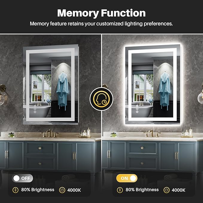 Briivue 24x36 Inch LED Bathroom Mirror with Lights, Backlit & Front Lit, Anti-Fog Lighted Bathroom Vanity Mirror for Wall, Memory Function, Dimmable, HD Tempered Glass, Shatter-Proof