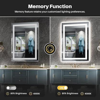Briivue 24x30 Inch LED Bathroom Mirror with Lights, Backlit & Front Lit, Anti-Fog Lighted Bathroom Vanity Mirror for Wall, Memory Function, Dimmable, HD Tempered Glass, Shatter-Proof