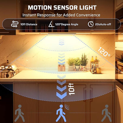 Under Cabinet Lighting Wireless LED Motion Sensor Magnetic Light 2500maAh Rechargeable Indoor Closet Lights for Kitchen, Stairs (2, Warm White, 14 Inch)