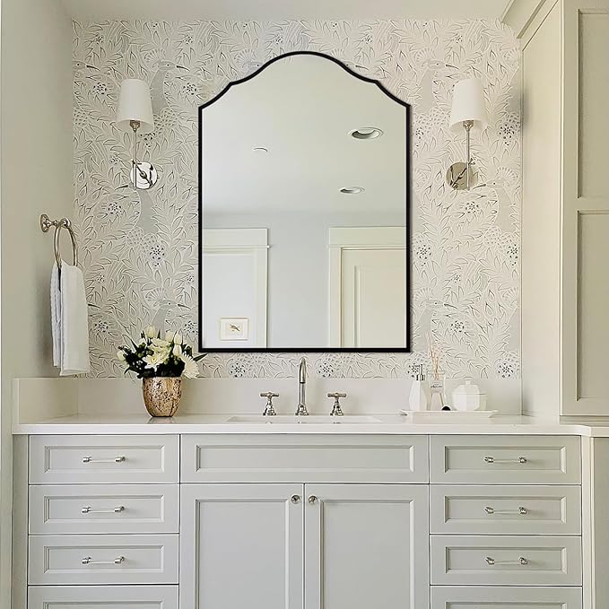 Black Scalloped Mirror for Bathroom, 36"x24" Arched Entryway Mirrors for Wall with Modern Transitional Metal Frame, Large Bedside Decor