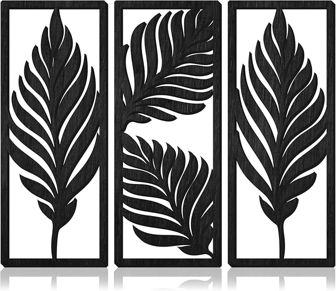 3 Pcs Palm Leaves Wooden Art Wall Decor 14.57 x 5.79 Inch Boho Wood Leaves Plant Wall Accent Vintage Tropical Plant Plaque for Home Bathroom Living Room Bedroom Office Decoration