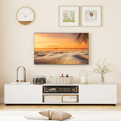 Tangkula Modern TV Stand for up to 70” TVs, 63”L Minimalist Entertainment Center w/ 2 Doors & Open Shelves, Media Console Table Storage Cabinet with 6 Support Feet for Living Room (White, 63”L)