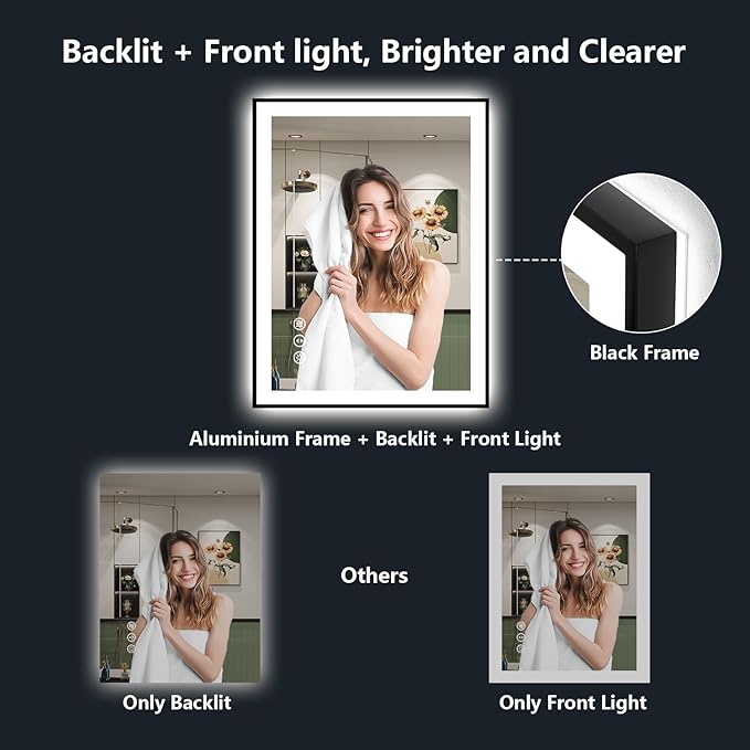 28x36 Inch LED Bathroom Mirror with Lights (Front Lit and Backlit) Black Framed Lighted Vanity Mirror for Bathroom Wall Dimmable Anti-Fog Memory Tempered Glass Horizontal/Vertical