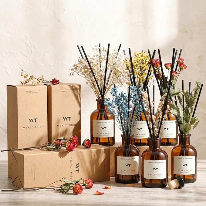 WEALD TRIBE Bamboo Scent Flower Reed Diffuser Set for Bathroom Air Fresheners, Oil Diffuser Sticks | 4.0 fl oz Home Fragrance with Sticks Defusers | House Bedroom Office Shelf Decor