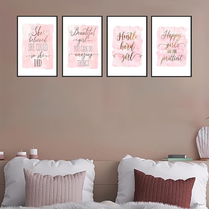 Set of 4 Framed Motivational Wall Art Quote Letters for Living Room Home Decor, Canvas Painting Posters Print Pictures Positive Words for Home Office Teen Bedroom Decoration Nordic