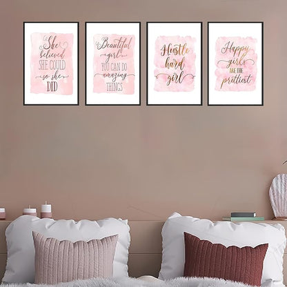 Set of 4 Framed Motivational Wall Art Quote Letters for Living Room Home Decor, Canvas Painting Posters Print Pictures Positive Words for Home Office Teen Bedroom Decoration Nordic