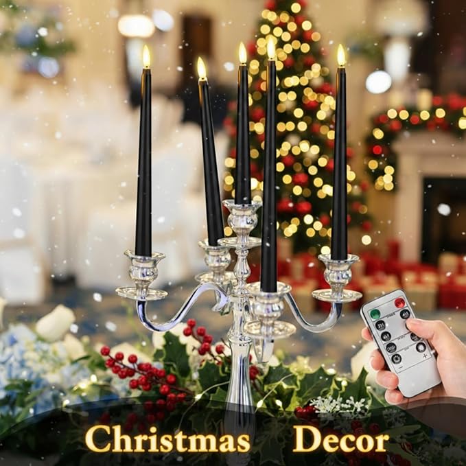 Rossesay 28 Pcs Flameless Taper Candles with Timer Remote 4 Sizes of 8.5", 9.6", 10.83", 12.8" LED Flickering Taper Candles Battery Operated for Valentine's Day Church Wedding Home Decor(Black)