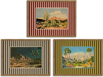 Framed Vintage Western Nature Landscape Wall Art Set of 3, Striped Postcards Southwest Desert Cactus Pictures Wall Decor Paintings, Boho Plant Canvas Prints for Living Room Bedroom Office 12x16 inch